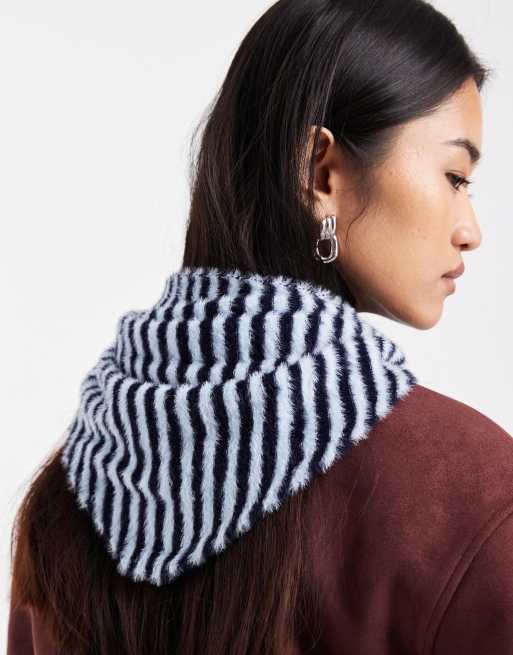 ASOS DESIGN eyelash knit triangle scarf in navy and light blue stripe, 2 of 3