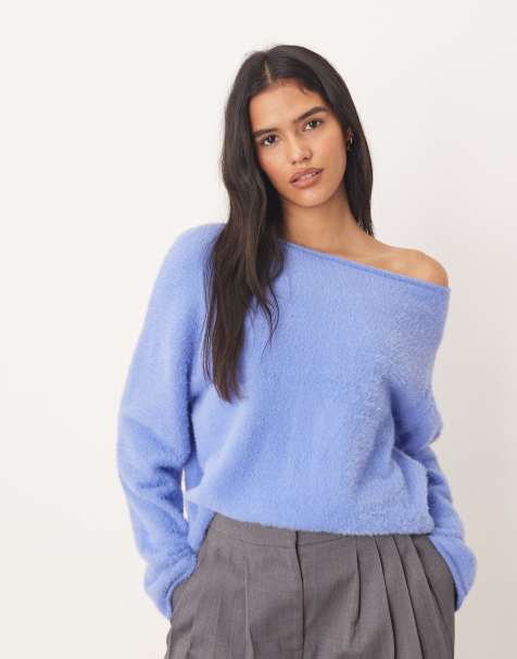 ASOS DESIGN eyelash off shoulder jumper in blue - view 1
