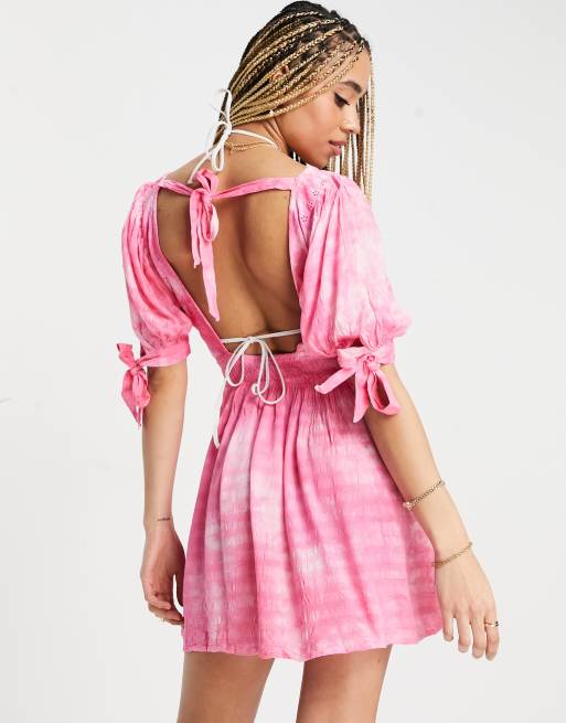 ASOS DESIGN eyelet and crinkle mini beach dress in pink, 2 of 4