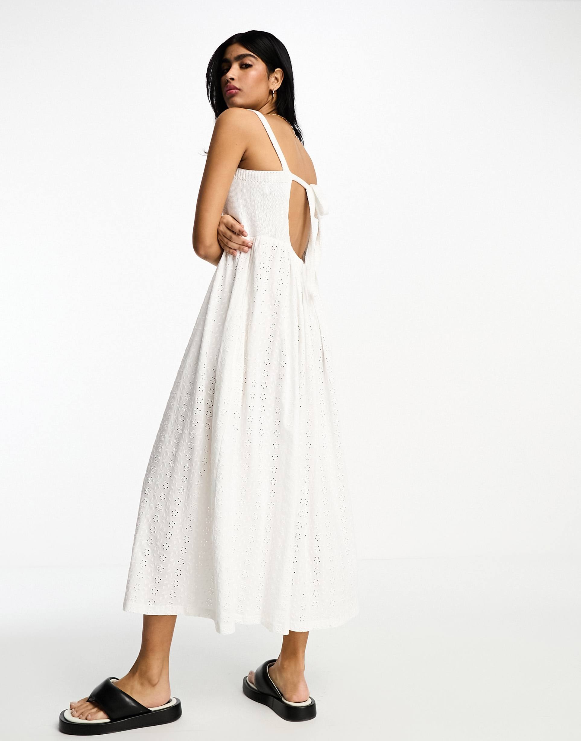 asos design eyelet and knit mix strappy midi dress in white