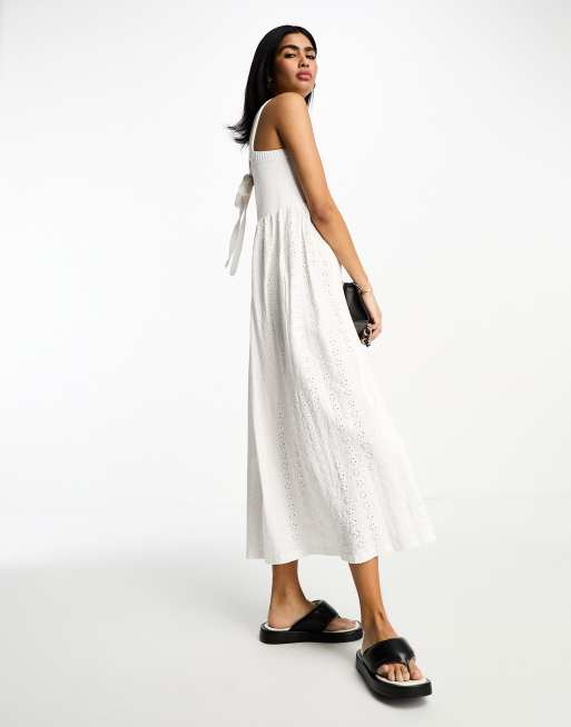 ASOS DESIGN eyelet and knit mix strappy midi dress in white