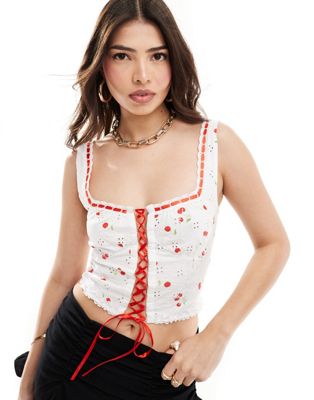 eyelet bust cup corset tank top with contrast lace up detail in cherry print-Multi