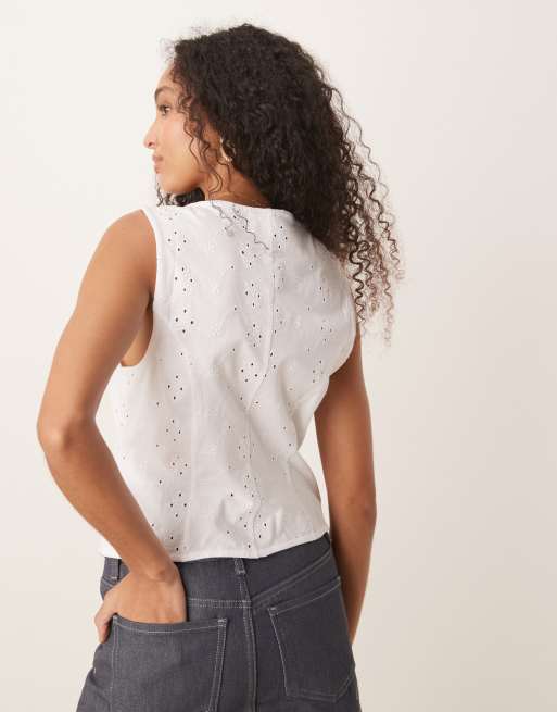 ASOS DESIGN eyelet button down vest in white, 3 of 4