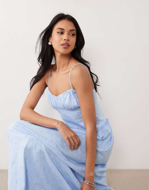 ASOS DESIGN eyelet cami maxi dress in light blue - view 1