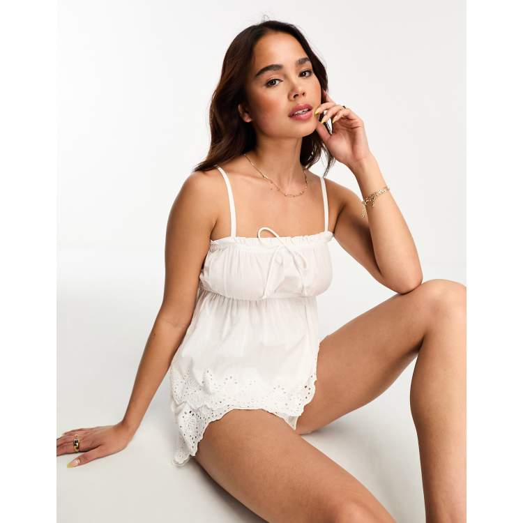 ASOS DESIGN eyelet cami & short pajama set in white