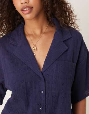 Asos Design Eyelet Camp Collar Shirt In Blue