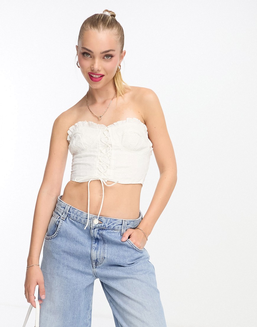 Asos Design Eyelet Corset With Lace Up Front In Ivory-white