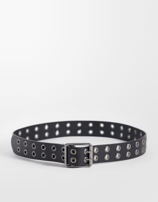 Asos Design Eyelet Detail Faux Leather Belt In Black
