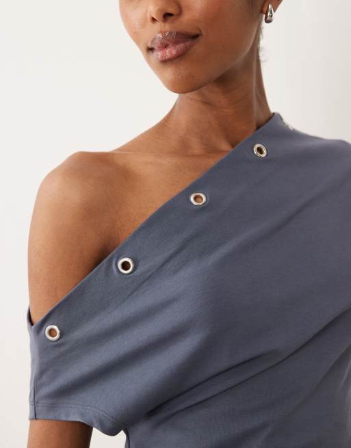 ASOS DESIGN eyelet detail off the shoulder top in washed in navy, 2 of 4