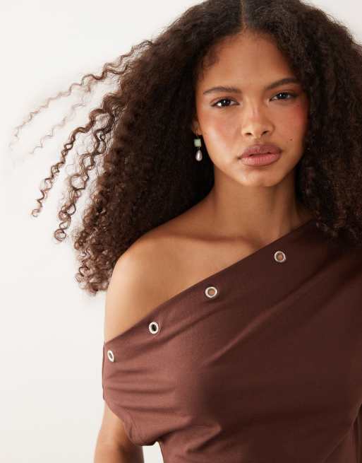 ASOS DESIGN eyelet detail one shoulder top in brown, 2 of 4
