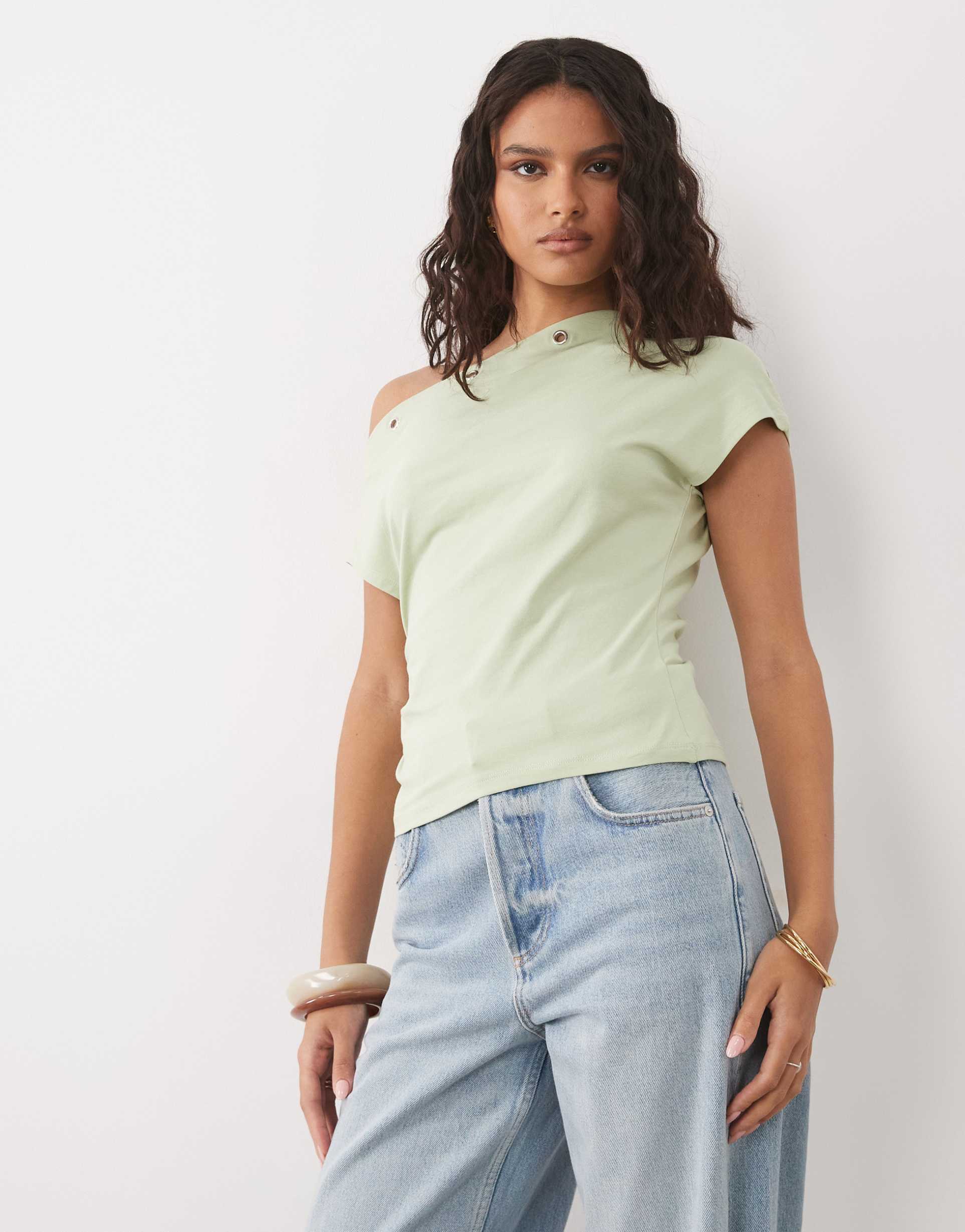 asos design eyelet detail one shoulder top in sage green