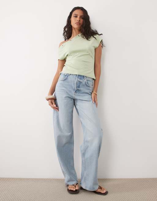 ASOS DESIGN eyelet detail one shoulder top in sage green, 2 of 4