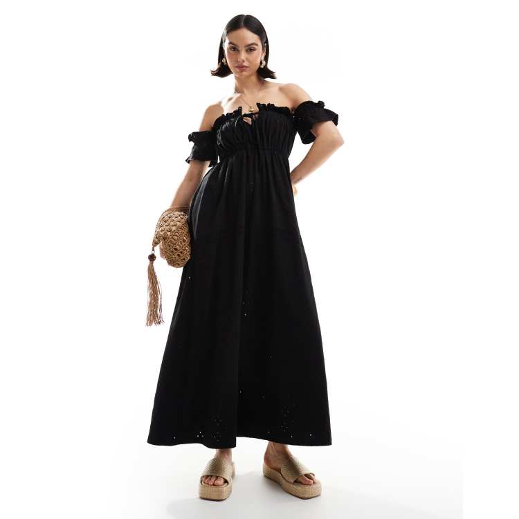 ASOS Design Eyelet Frill Off The Shoulder Midaxi Dress in Black