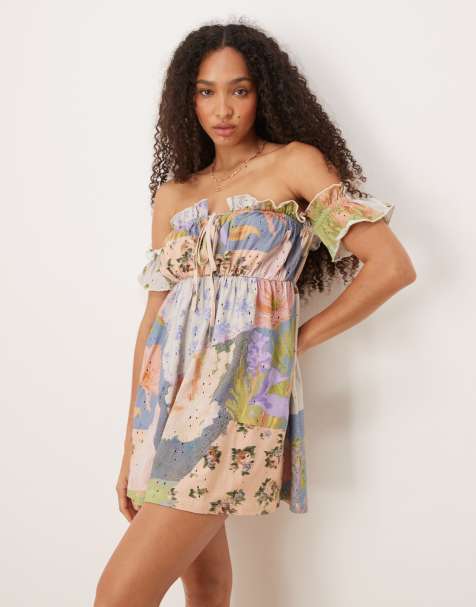 ASOS DESIGN eyelet frill off the shoulder mini dress in patchwork floral print - view 1