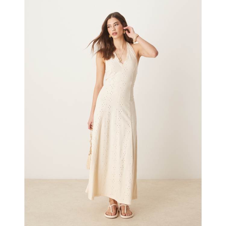 asos edition floral embroidered halter prom midi dress DESIGN eyelet in stone Asos design