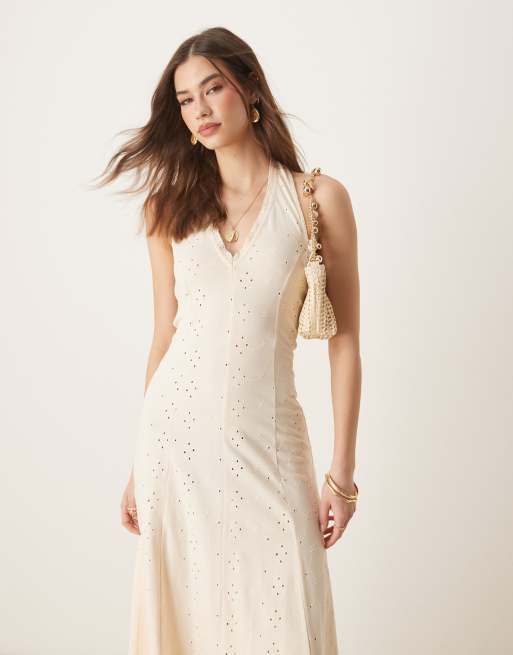 ASOS DESIGN eyelet halter midi dress in stone