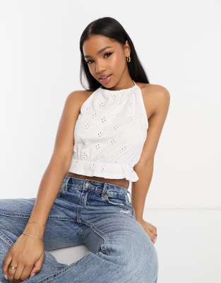 Asos Design Eyelet Halter Neck Cropped Top In White