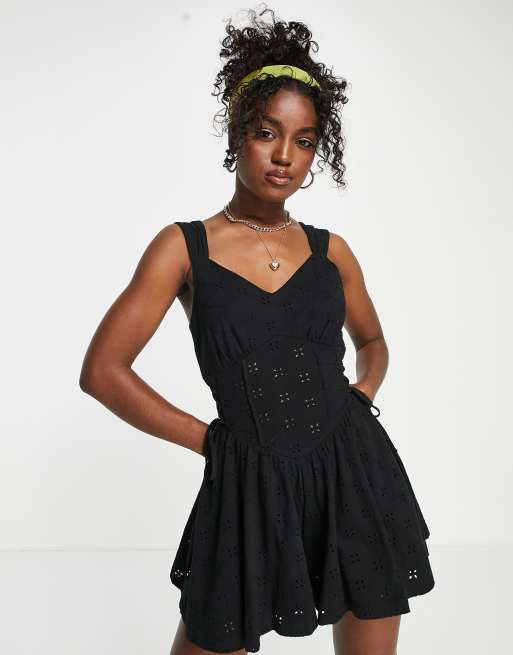 ASOS DESIGN eyelet lace up side corset romper in black