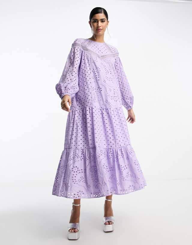 ASOS DESIGN eyelet maxi dress with lace inserts in lilac