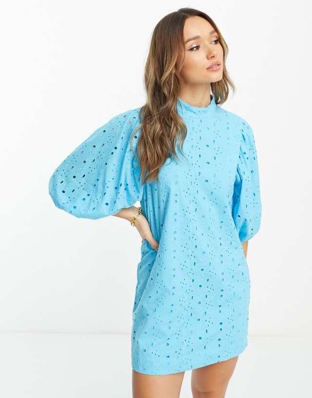 ASOS DESIGN eyelet mini dress with puff sleeve in blue