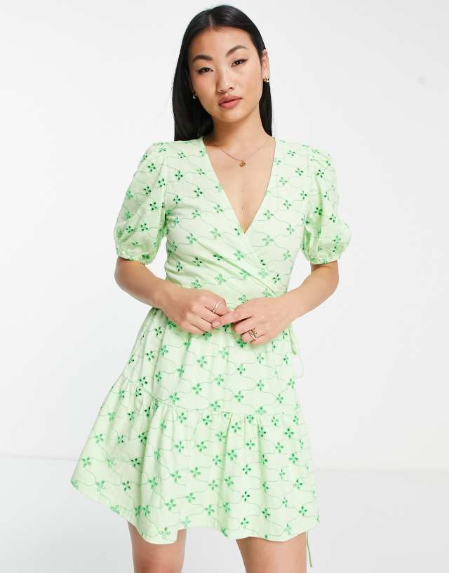 ASOS DESIGN eyelet mini wrap dress in green contrast