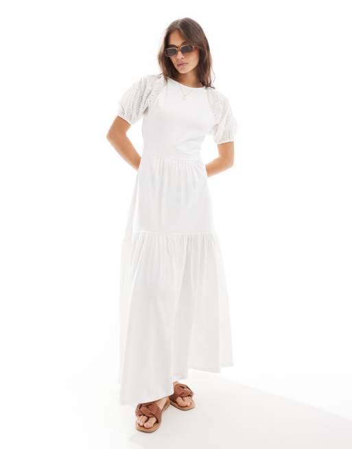 ASOS DESIGN eyelet puff sleeve tiered maxi dress in white