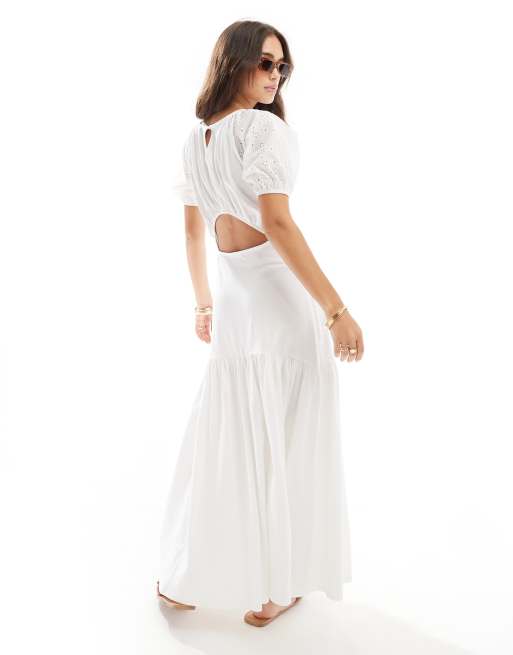 ASOS DESIGN eyelet puff sleeve tiered maxi dress in white