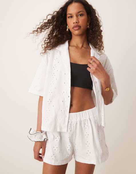 ASOS DESIGN broderie resort shirt in white