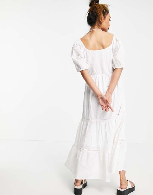ASOS DESIGN eyelet shirred waist lace insert maxi dress in white | ASOS