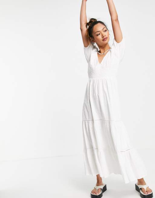 ASOS DESIGN eyelet shirred waist lace insert maxi dress in white | ASOS