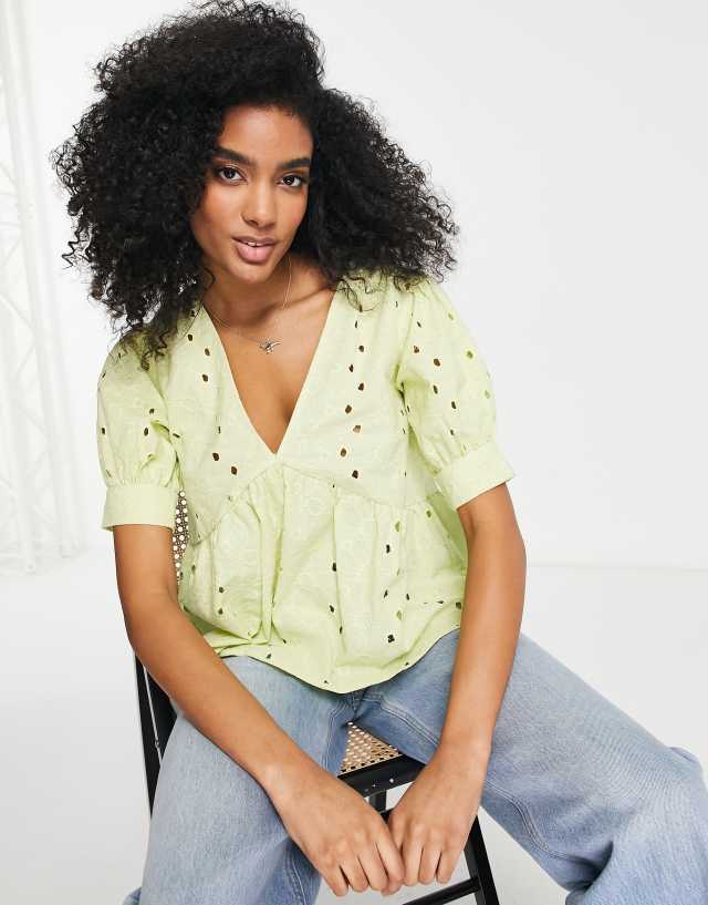 ASOS DESIGN eyelet smock with peplum hem & puff in sage