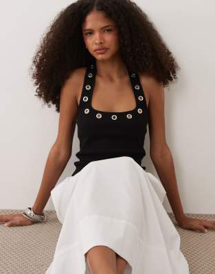 ASOS DESIGN eyelet stud halter neck top in black
