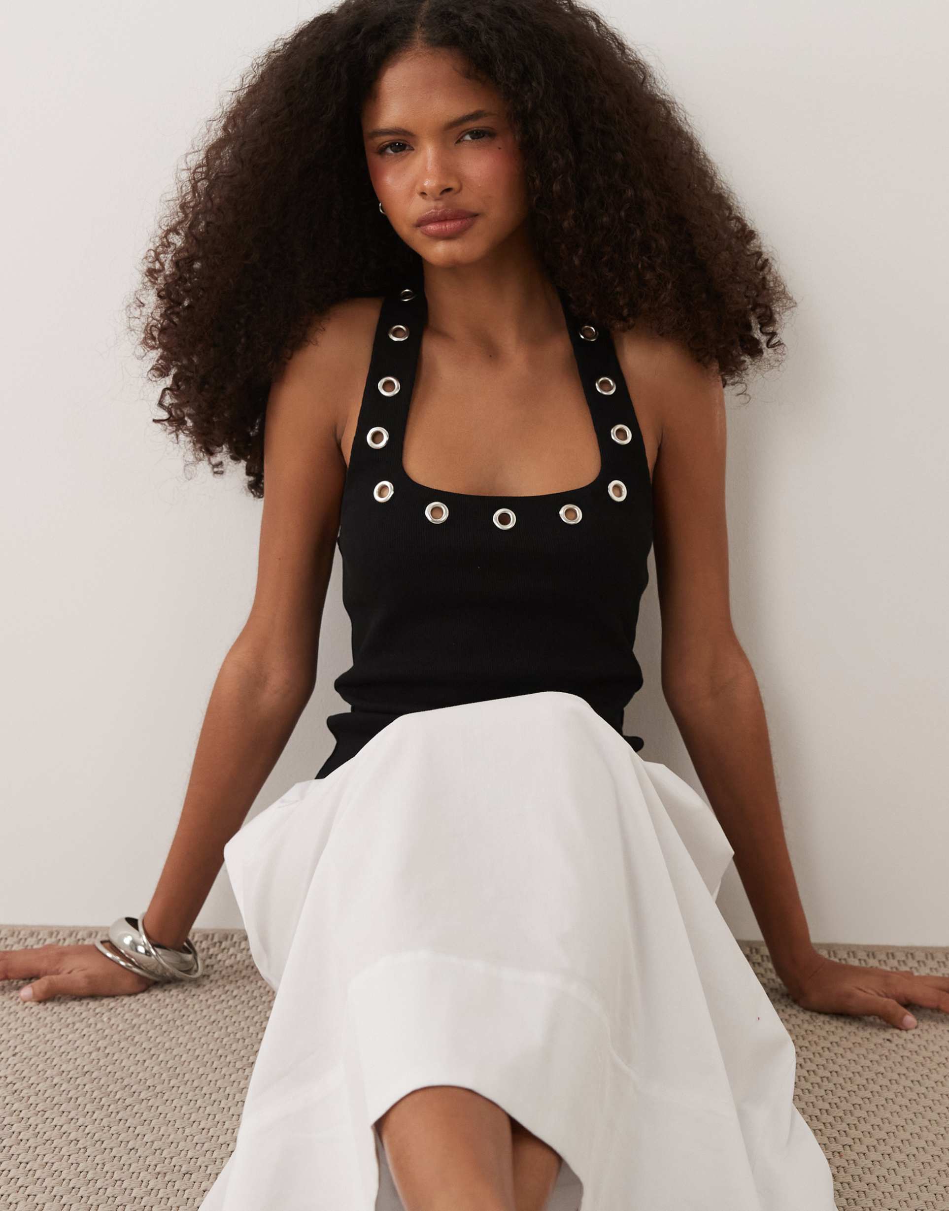 asos design eyelet stud halter neck top in black