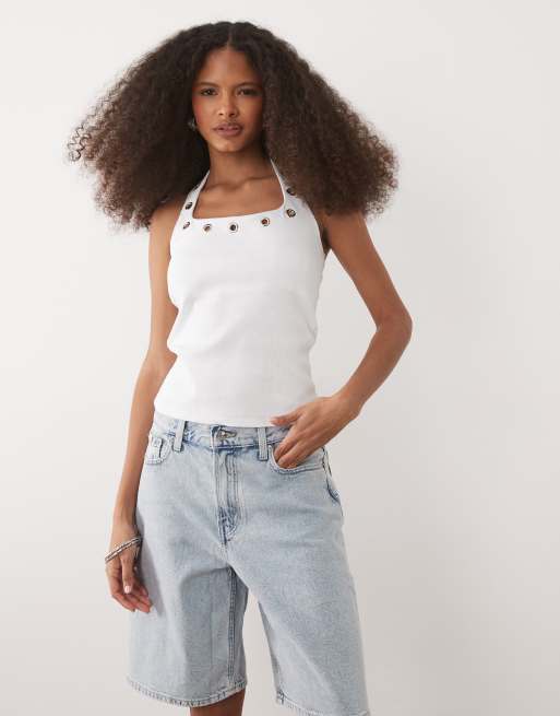 ASOS DESIGN eyelet stud halter neck top in white, 3 of 4