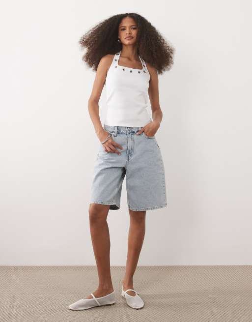 ASOS DESIGN eyelet stud halter neck top in white, 4 of 4