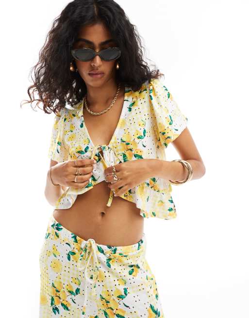 ASOS DESIGN eyelet tie front frill shirt in yellow lemon print - part of a set