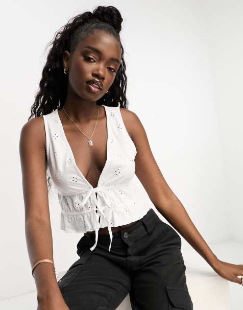 ASOS DESIGN eyelet tie front top in white - view 1