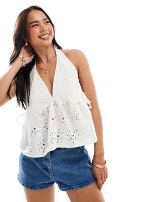 Asos Design Eyelet Tie Side Halter Top In White