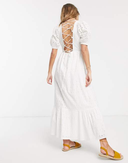 ASOS DESIGN eyelet tiered maxi dress with puff sleeves and open back in white