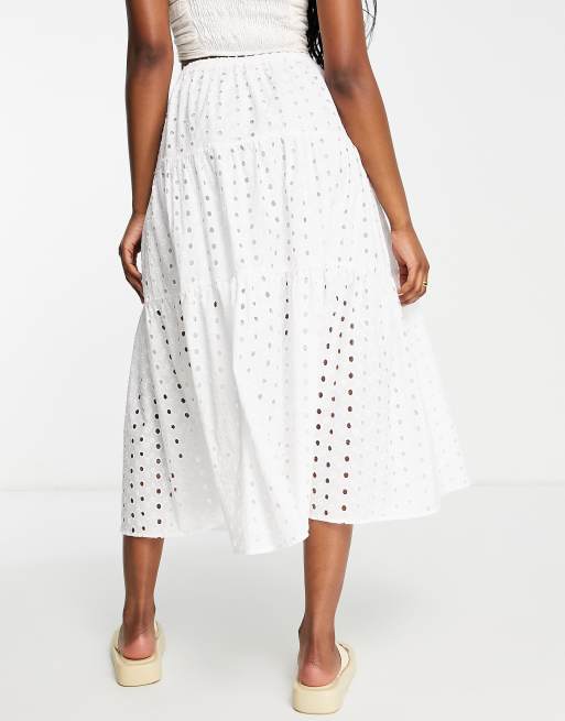 ASOS DESIGN eyelet tiered midi skirt in white