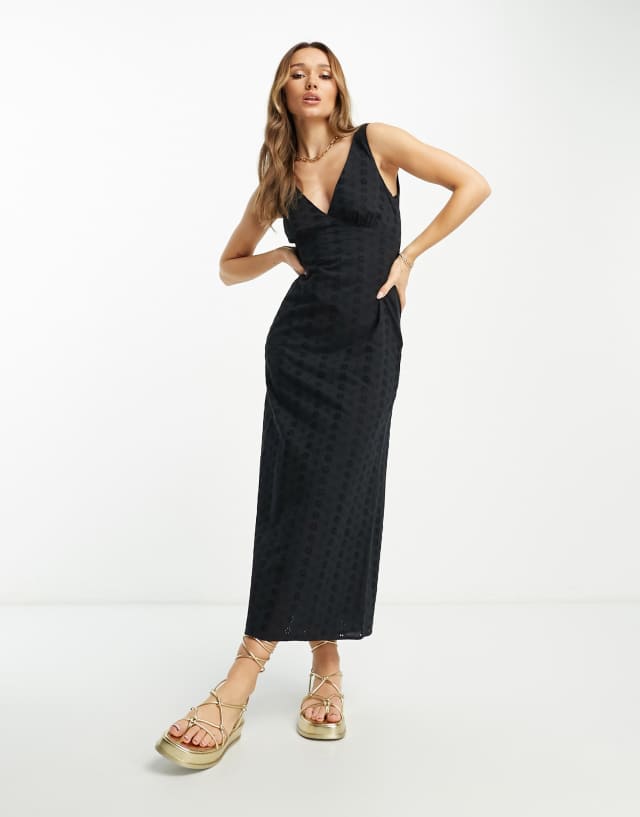 ASOS DESIGN eyelet v neck midi slip sundress in black