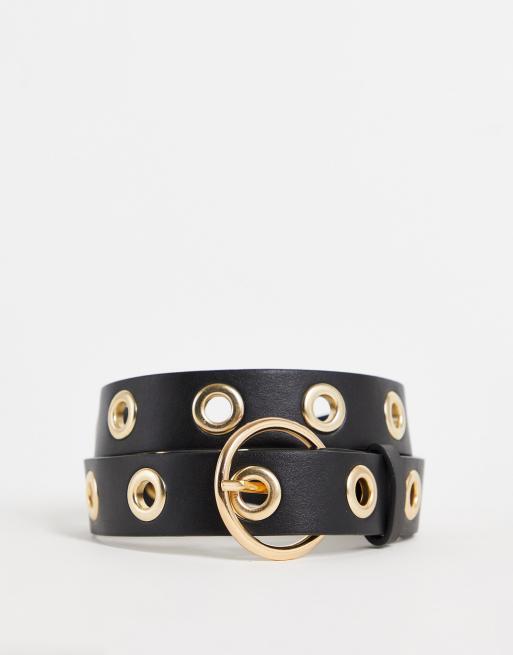 ASOS DESIGN eyelet waist and hip belt in gold metal work