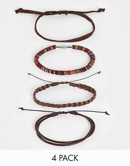ASOS DESIGN fabric bracelet pack with aztec design and leather in brown