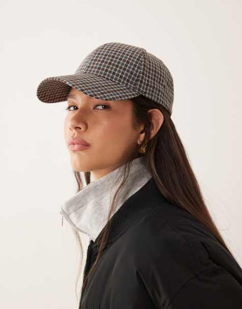 ASOS DESIGN fabric cap with mini plaid in chocolate brown and blue - view 1