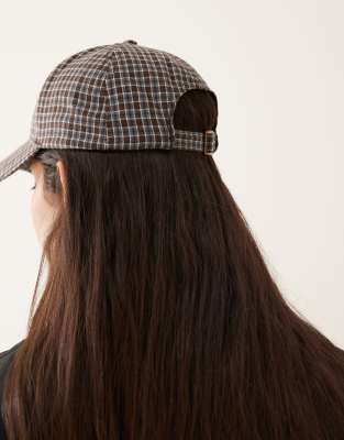 Asos Design Fabric Cap With Mini Plaid In Brown