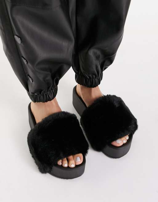 ASOS DESIGN Fabric furry flatform sliders in black ASOS