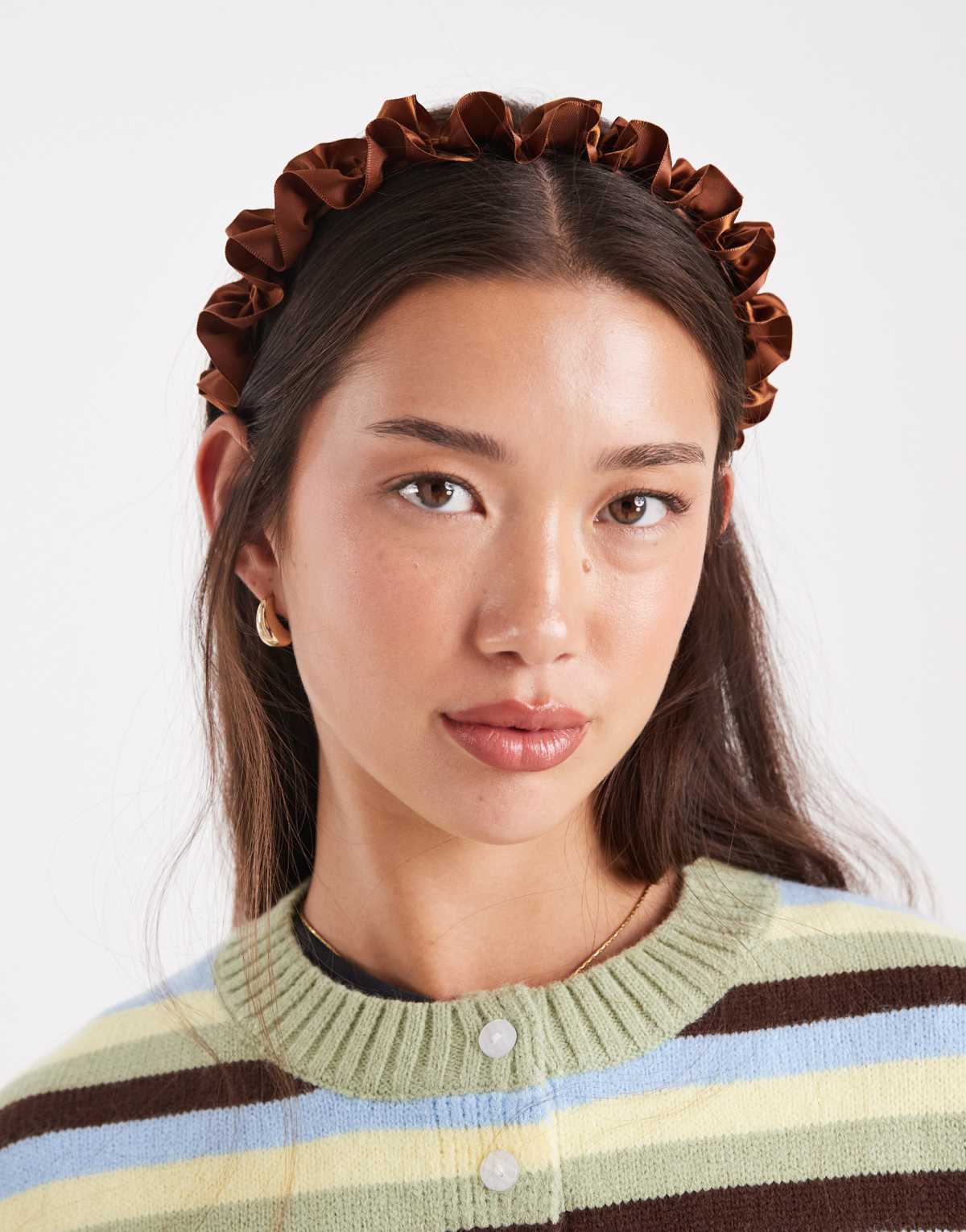 ASOS DESIGN fabric headband with scrunch detailing in brown