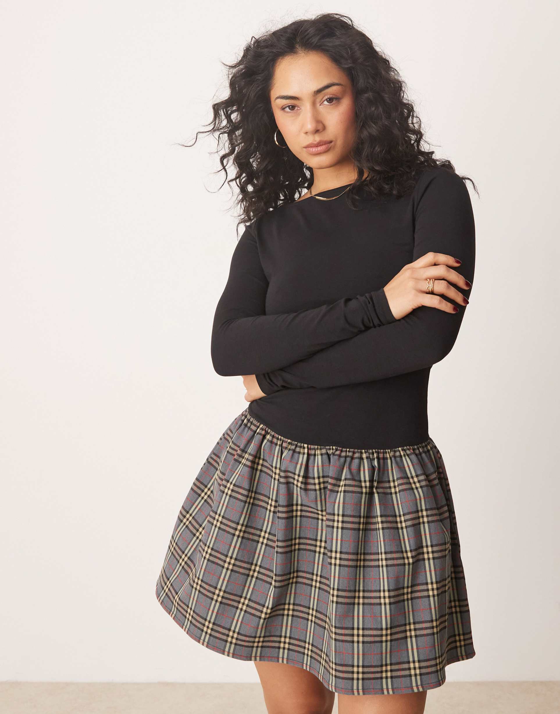 asos design fabric mix mini dress in black check