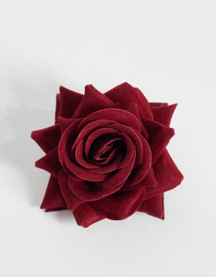 Asos Design Fabric Rose Corsage Brooch In Red