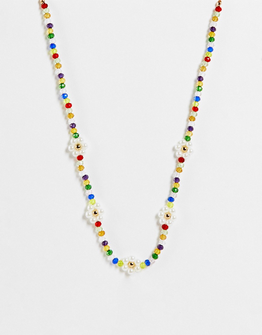 ASOS DESIGN faceted bead necklace in clear beads and flower design-Multi